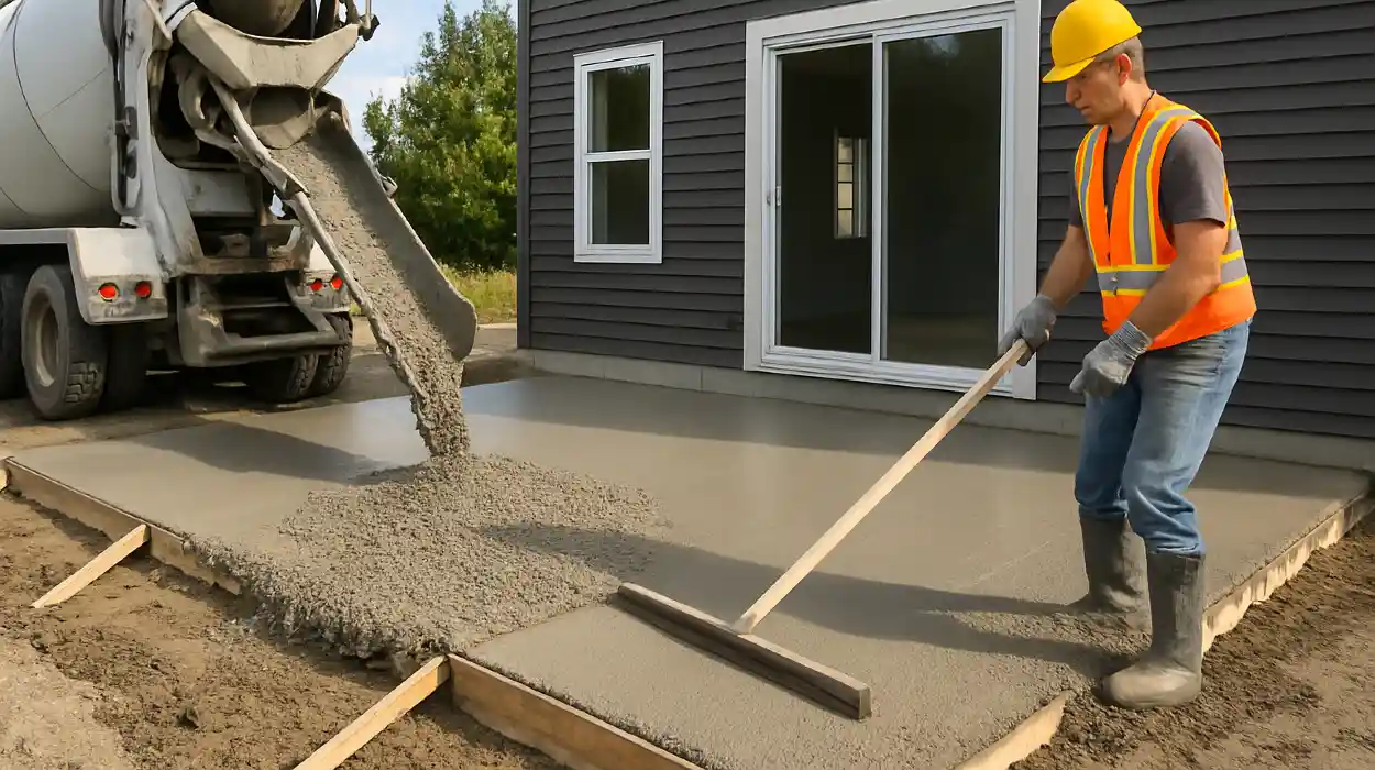 a man spreading the cement a truck is pouring to build a patio from San Antonio Concrete Contractor in San Antonio, TX - commercial concrete contractor