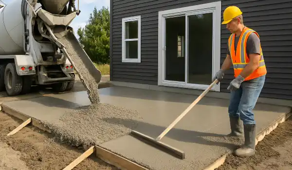 a man spreading the cement a truck is pouring to build a patio from San Antonio Concrete Contractor in San Antonio, TX - commercial concrete contractor