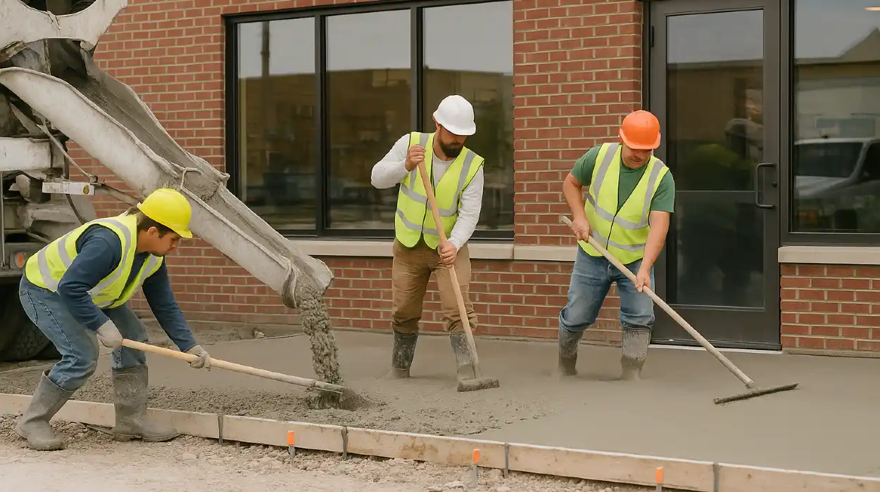 3 concrete contractors spreading concrete on the ground for a sidewalk from San Antonio Concrete Contractor in San Antonio, TX - concrete driveway san antonio