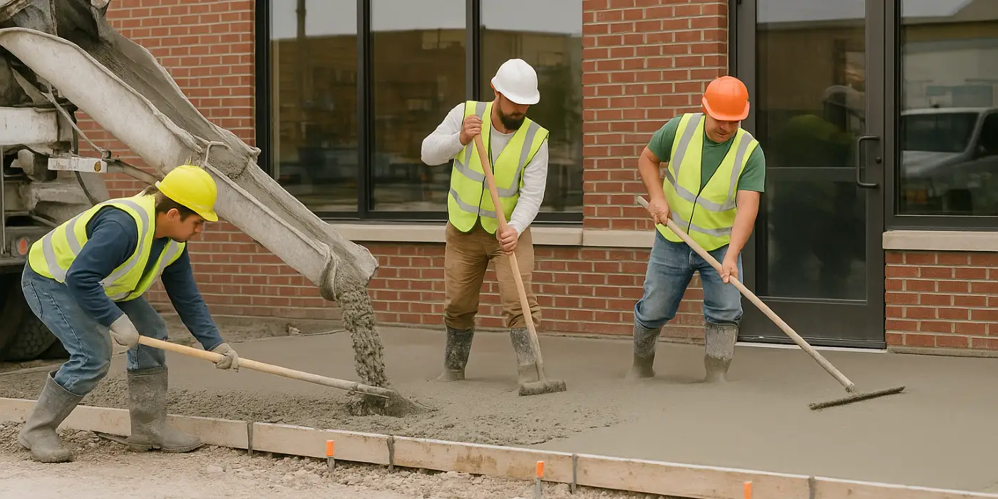 3 concrete contractors spreading concrete on the ground for a sidewalk from San Antonio Concrete Contractor in San Antonio, TX - concrete driveway san antonio