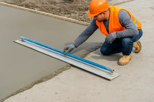 a male worker smoothing a fresh concrete slab from San Antonio Concrete Contractor in San Antonio, TX - concrete patio contractor