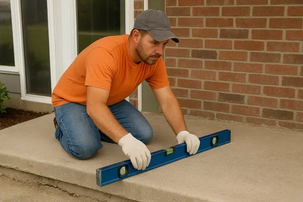 a male worker leveling a concrete slab porch from San Antonio Concrete Contractor in San Antonio, TX - concrete patio contractor