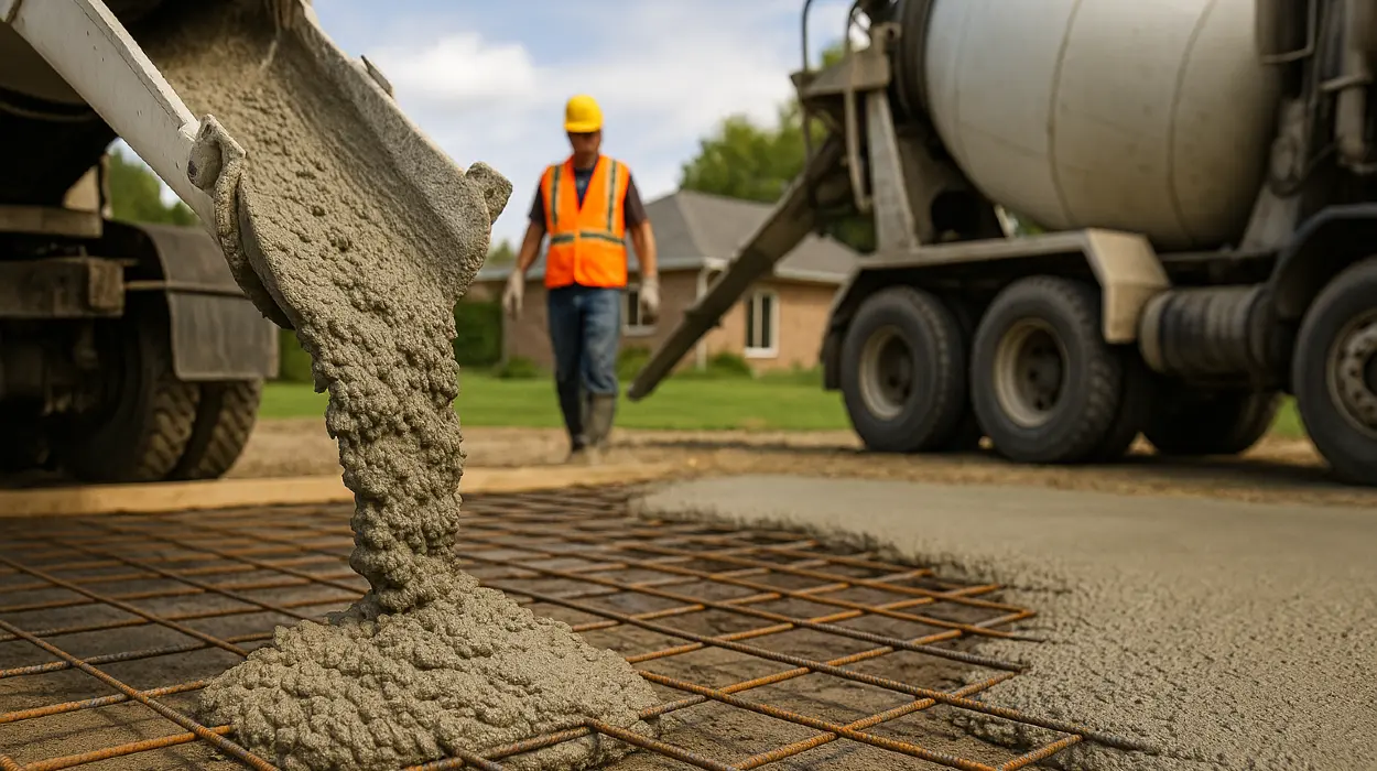 Cement truck pouring cement on a rebared ground from San Antonio Concrete Contractor in San Antonio, TX - concrete repair near me
