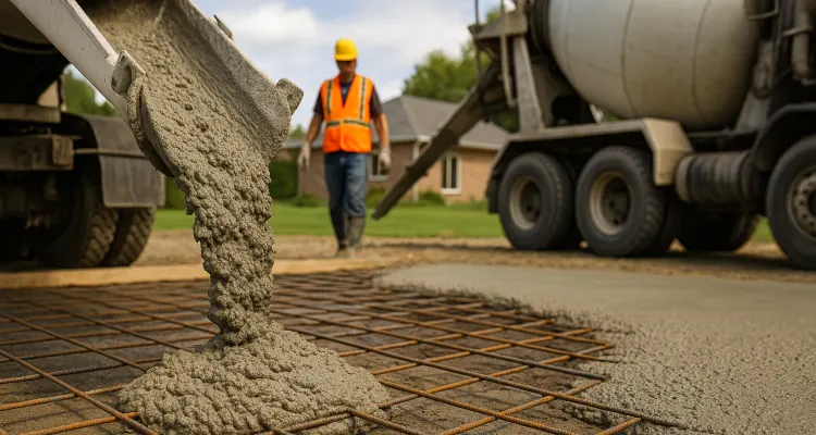 Cement truck pouring cement on a rebared ground from San Antonio Concrete Contractor in San Antonio, TX - concrete repair near me