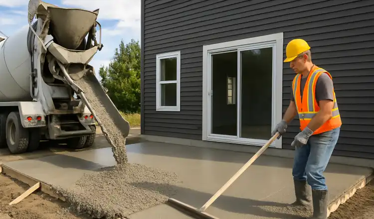 a man spreading the cement a truck is pouring to build a patio from San Antonio Concrete Contractor in San Antonio, TX - foundation contractors near me