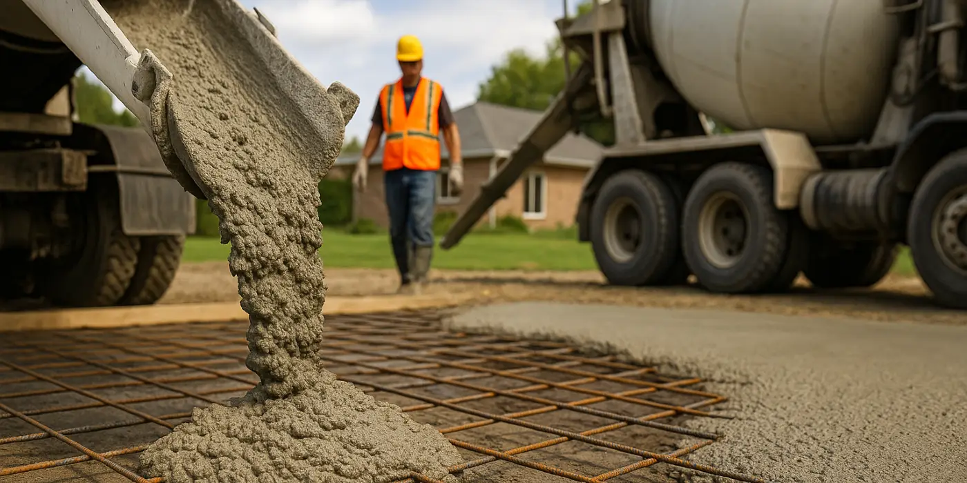 Cement truck pouring cement on a rebared ground from San Antonio Concrete Contractor in Kirby, TX - Kirby TX