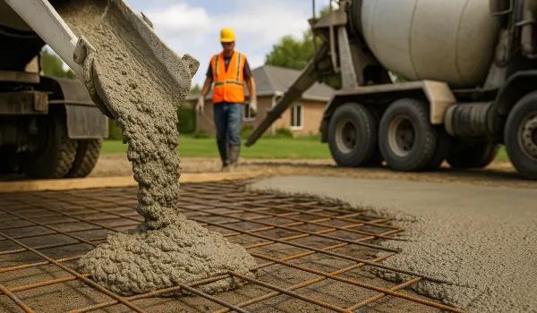 Cement truck pouring cement on a rebared ground from San Antonio Concrete Contractor in Kirby, TX - Kirby TX
