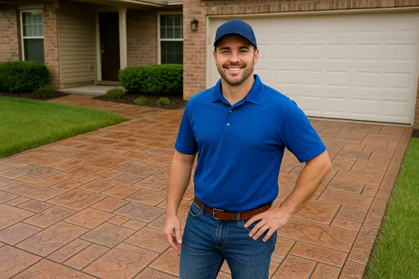 a concrete contractor smiling at the camera with stamped concrete behind him from San Antonio Concrete Contractor in New Braunfels, TX - New Braunfels TX