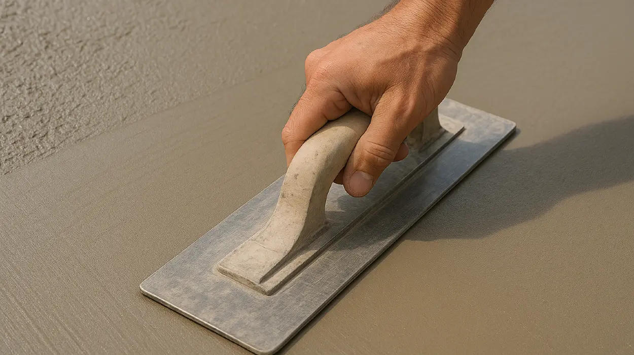 a hand trowel being used on a fresh cement slab to smooth it from San Antonio Concrete Contractor in San Antonio, TX - residential concrete contractor