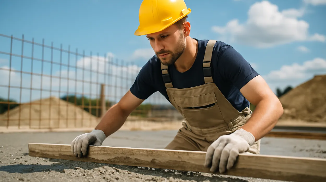 a male concrete worker spreading fresh cement on rebared ground from San Antonio Concrete Contractor in San Antonio, TX - stamped concrete contractor